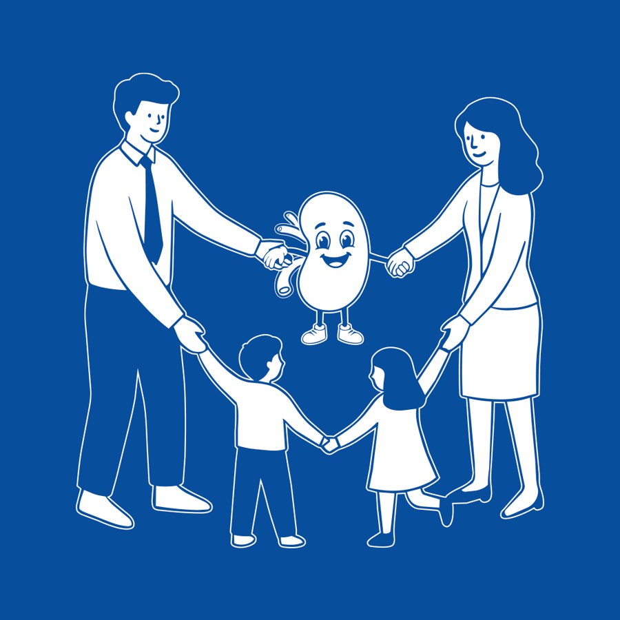 Ilustración de una familia tomada de la mano alrededor de un riñón — Programa Volver a Vivir, trasplante renal con donante vivo, Clínica Ortega Huancayo